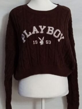 PLAYBOY Crop Fall Chocolate Brown Cable-Knit Sweater Embroidered Bunny Logo Y2K